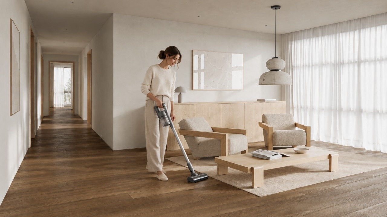 Девушка пылесосит пол в светлой гостиной с деревянной мебелью и переходом в коридор